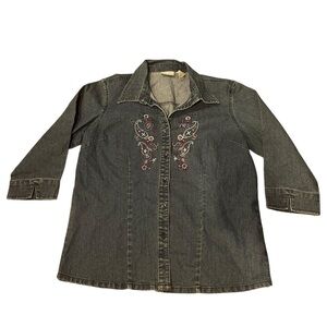 Erika Womens PS Petite Small Blue Denim Embroidered Button Floral 3/4 Sleeve 90s